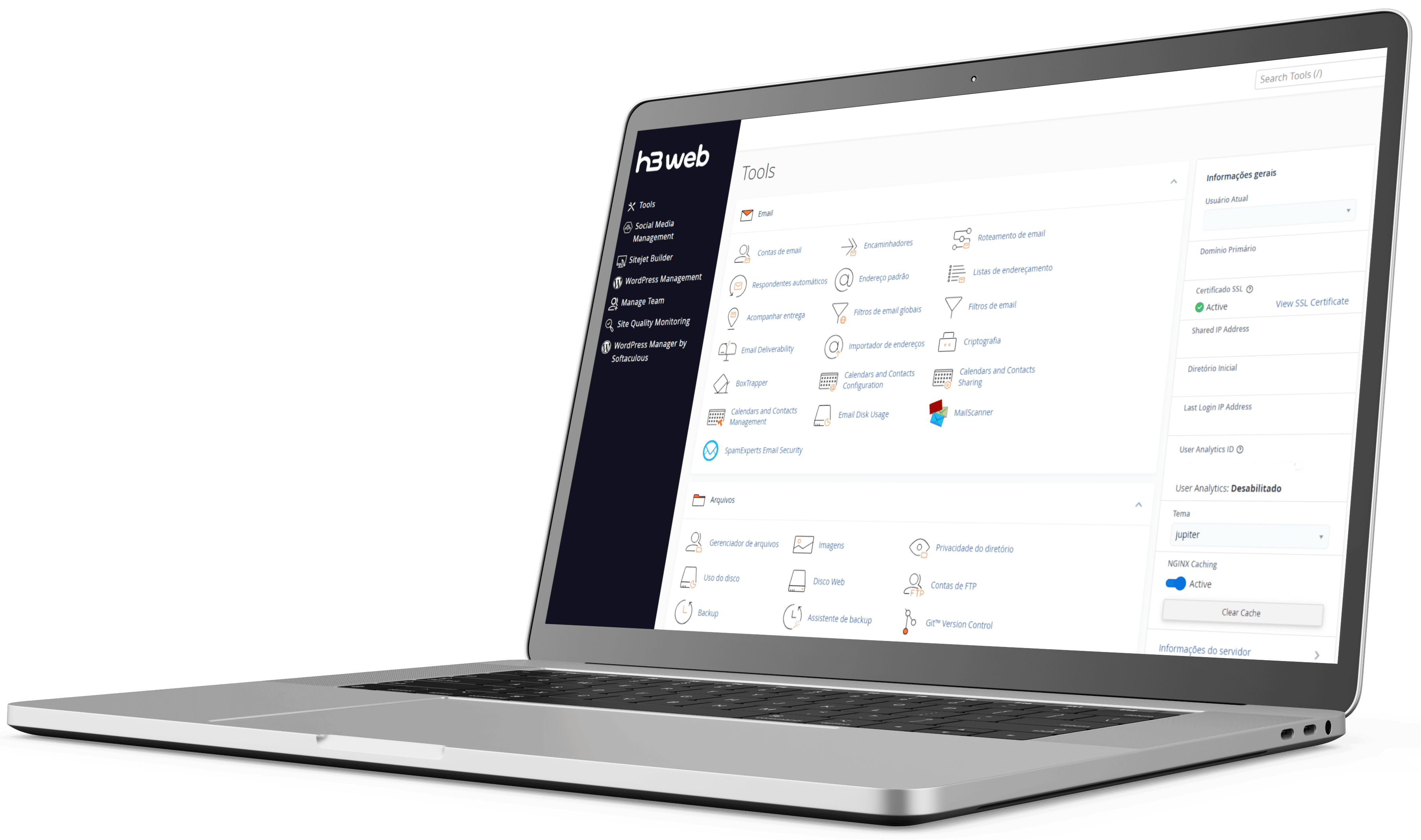 Notebook exibindo o painel de hospedagem cPanel da H3 Web