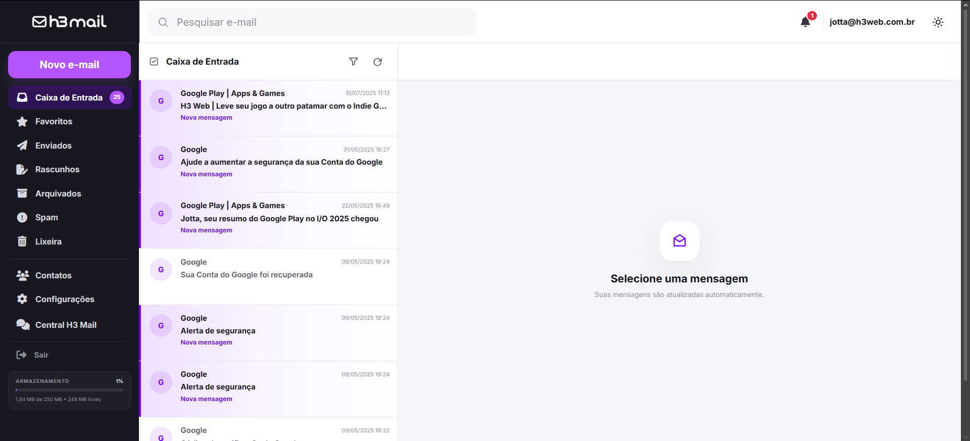 Interface profissional de gerenciamento de e-mails do H3 Mail